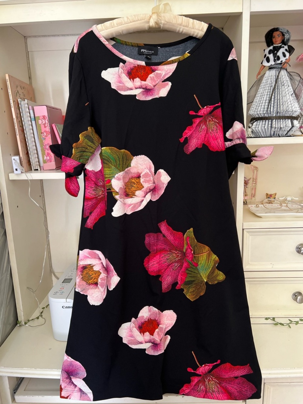 Ronni Nicole Black Midi Dress with Pink Floral Print